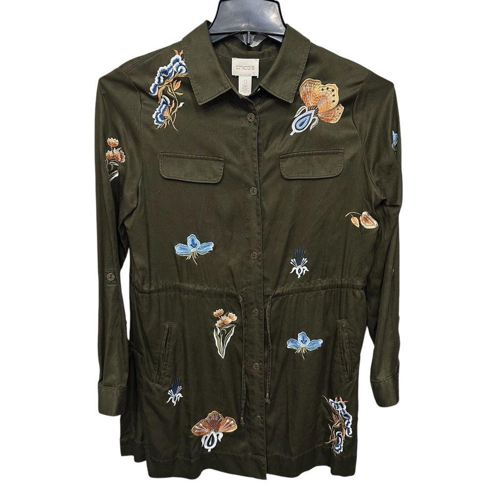 Chico's Embroidered Army utility field boho Jacket Green Size 0‎ XS Size 4 US